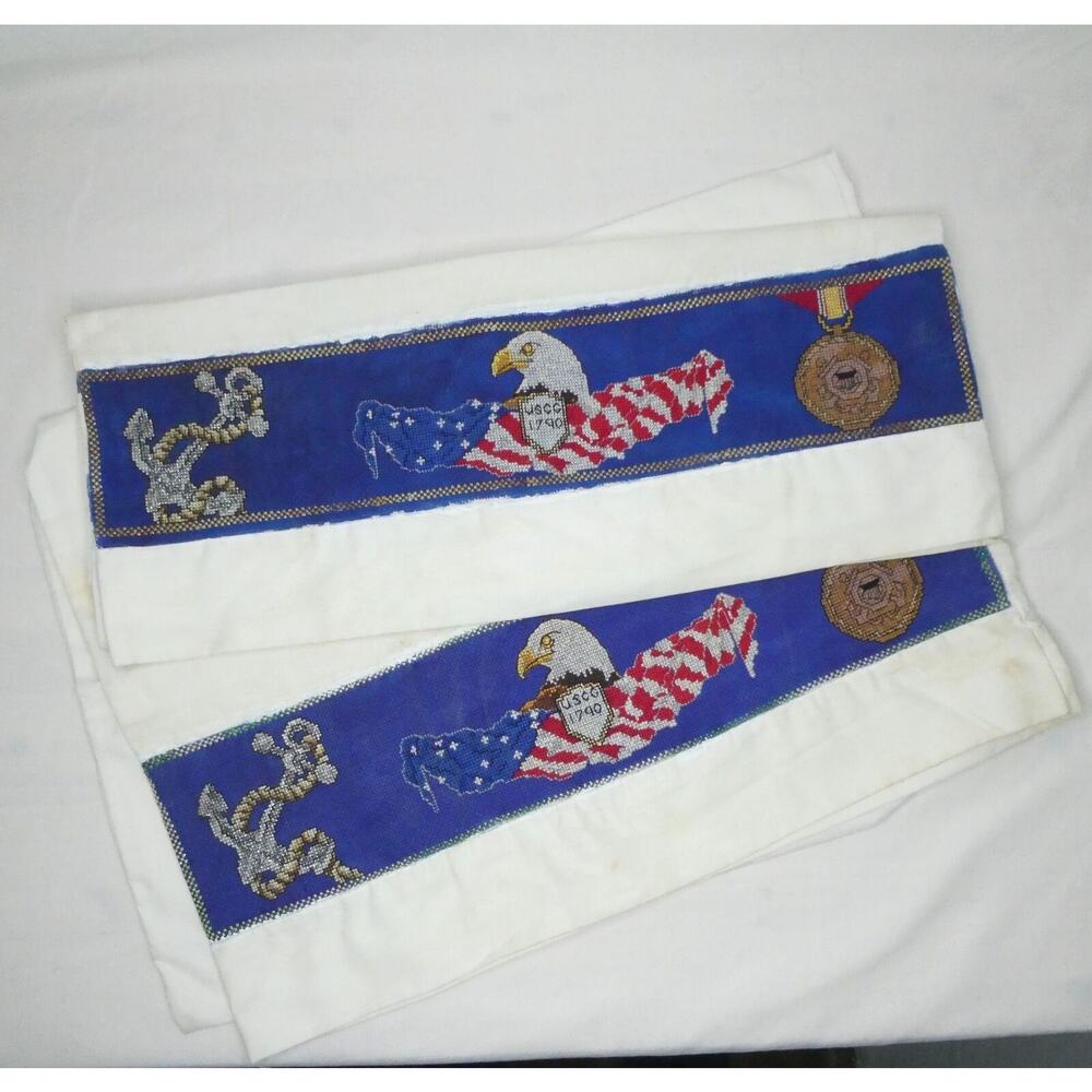 U.S. Coast Guard USCG Cross Stitch Pillowcases Eagle Anchor Medal‎ STAINS
